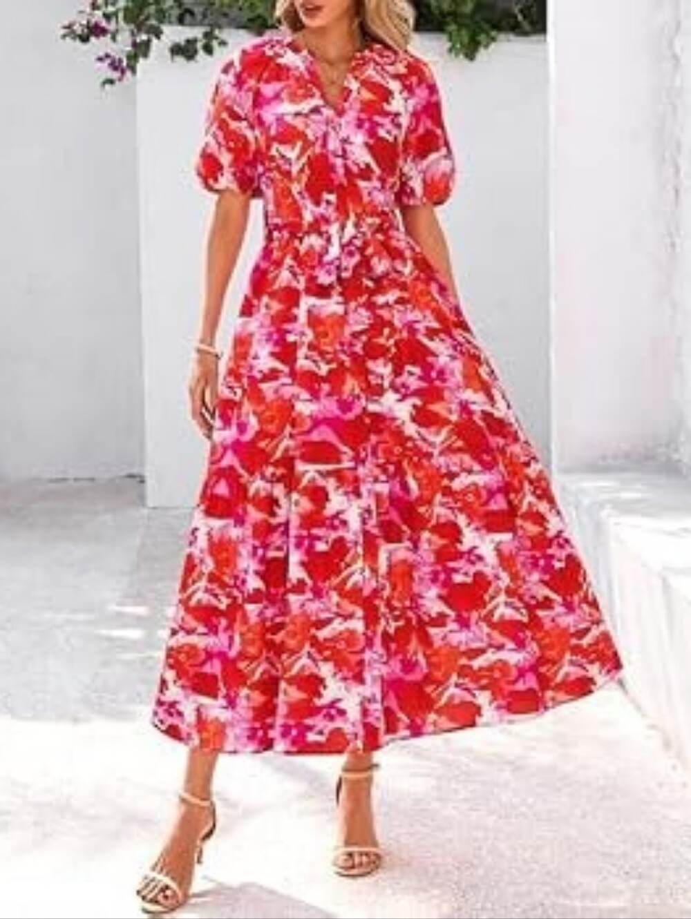 Floral Red & Pink Maxi Dress with Puff Sleeves